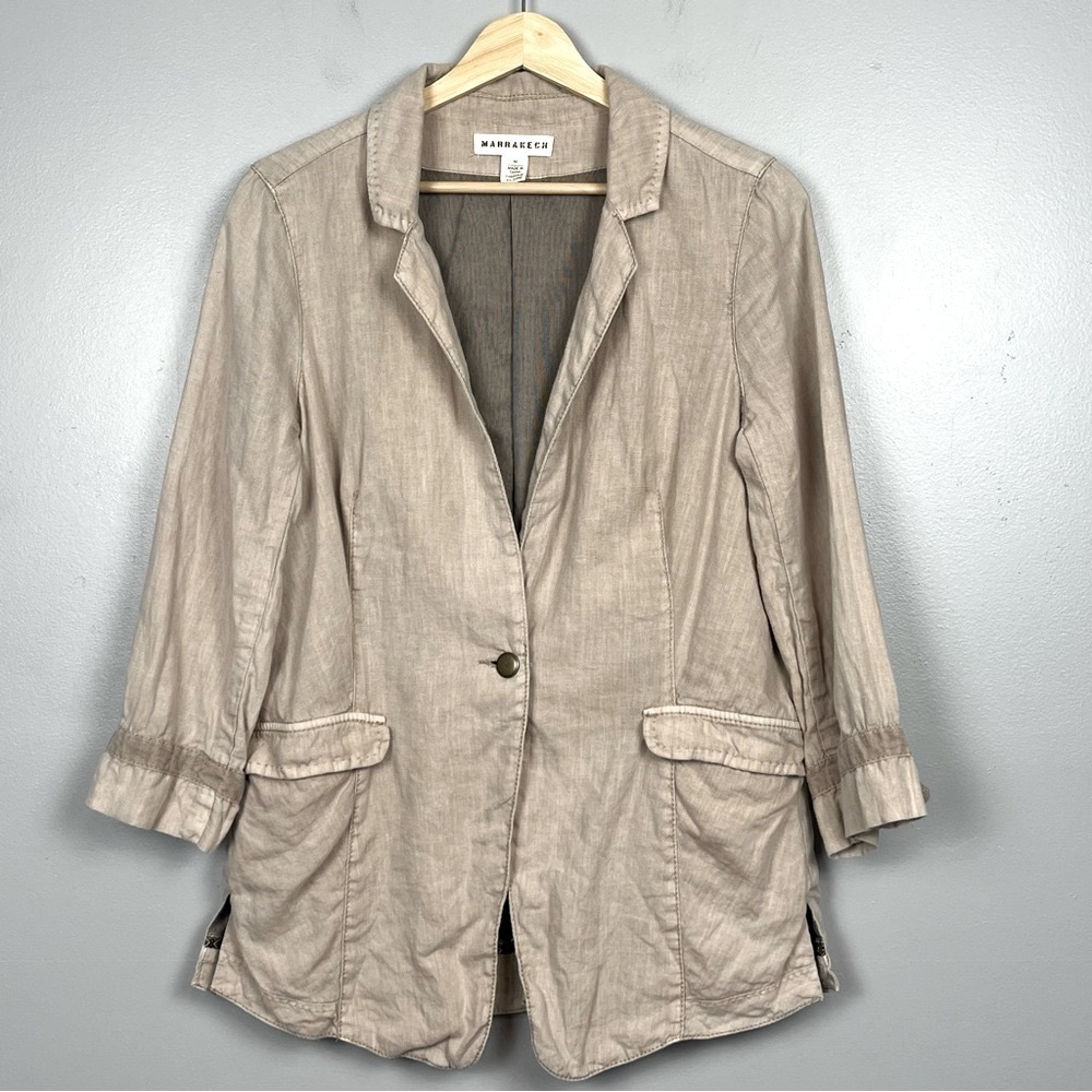 Marrakech Anthropologie 100% linen single button 3/4 sleeve blazer, medium. - Picture 2 of 11
